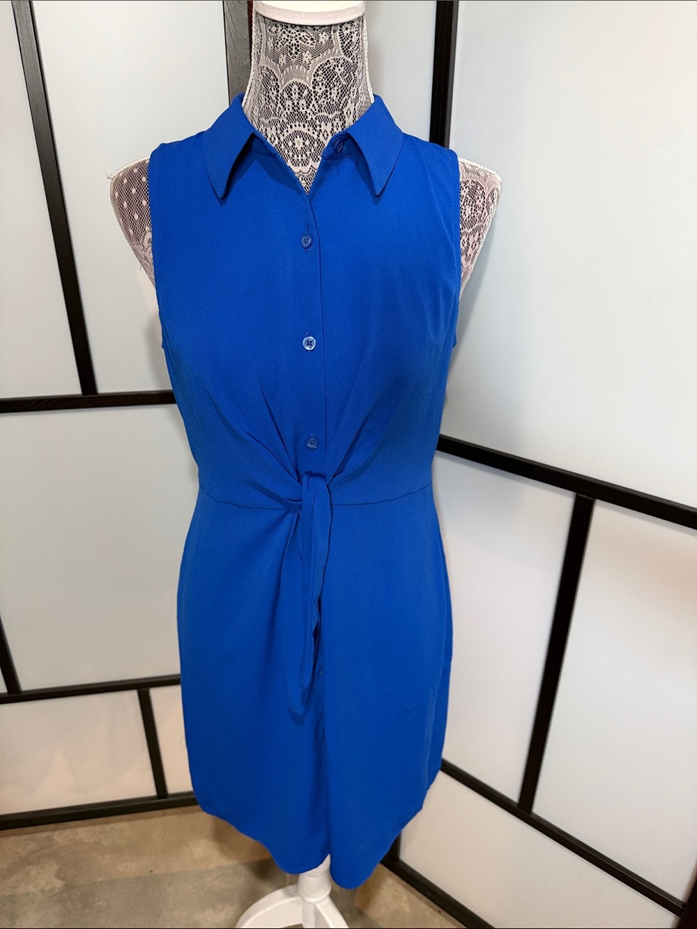 Nine West Cobalt Blue Sleeveless Tie-Waist Shirt Dress